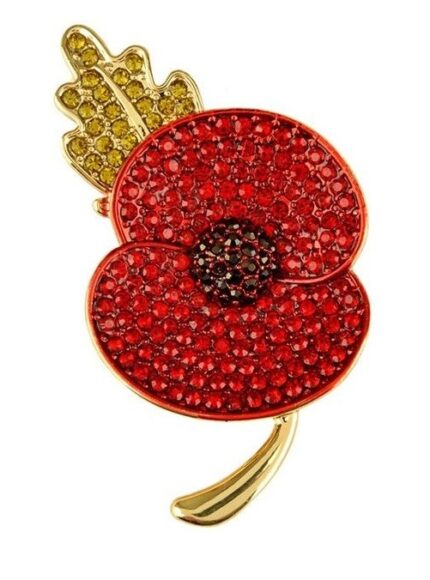 Crystal Red Poppy Brooch Gold Leaf (With Box)